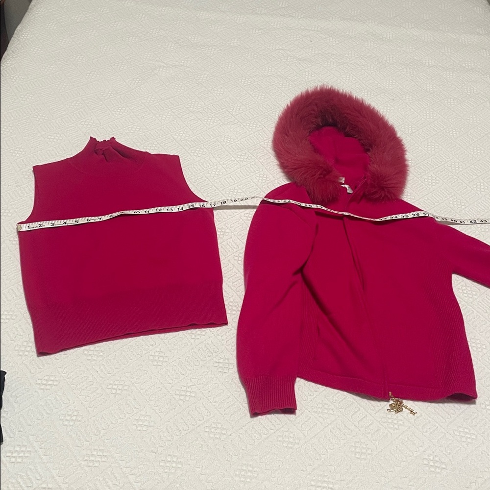St. John Cashmere Fox Fur Trim knit sweater set cardigan & tank top mock neck - Picture 7 of 17